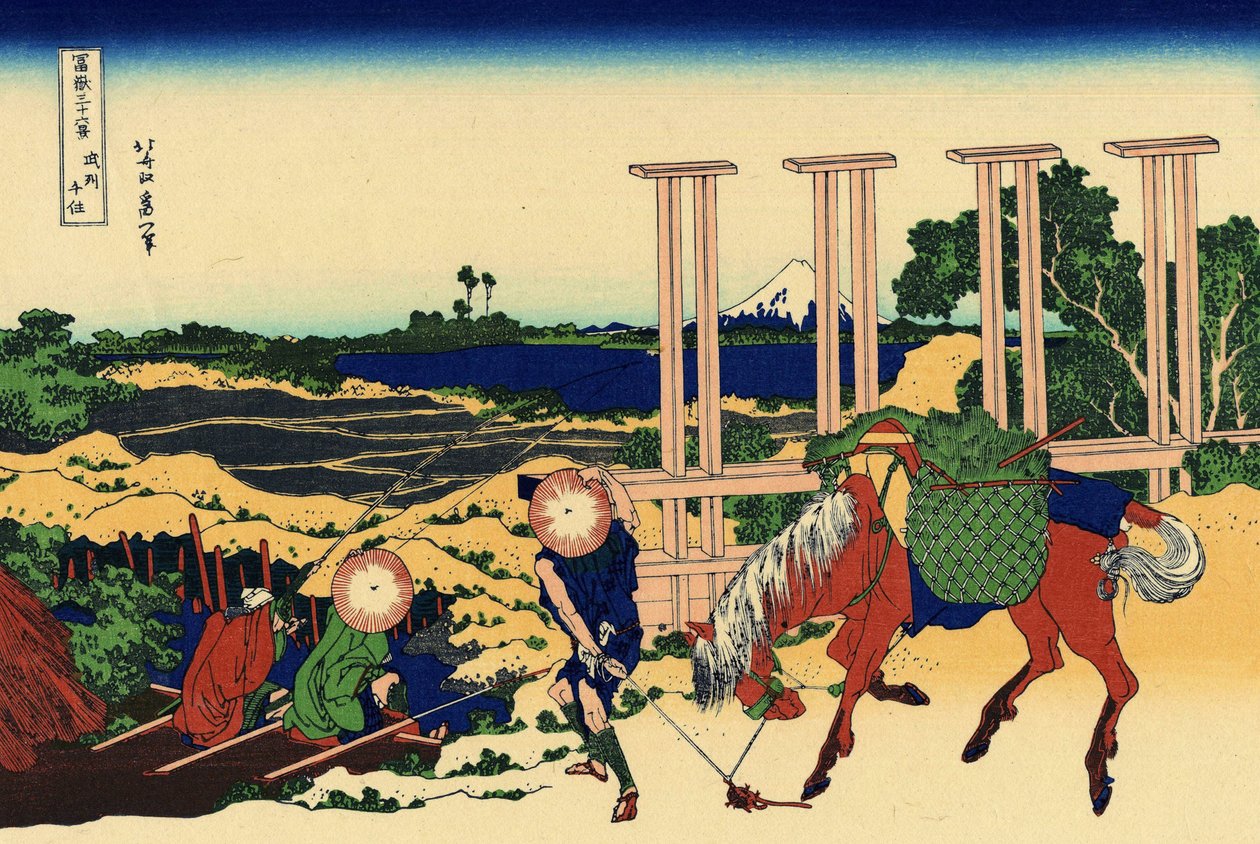 Senju i Musachi-provinsen, ca 1830 (träblockstryck) av Katsushika Hokusai