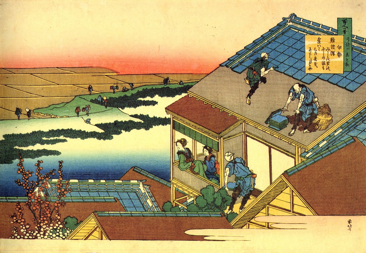 Serie med hundra dikter av hundra poeter: ""Lady Ise"" landskap, Japan - Tryck av Katsushika Hokusai (1760-1849) (ukiyo-e skola) cirka 1830 State Hermitage Saint Petersburg av Katsushika Hokusai