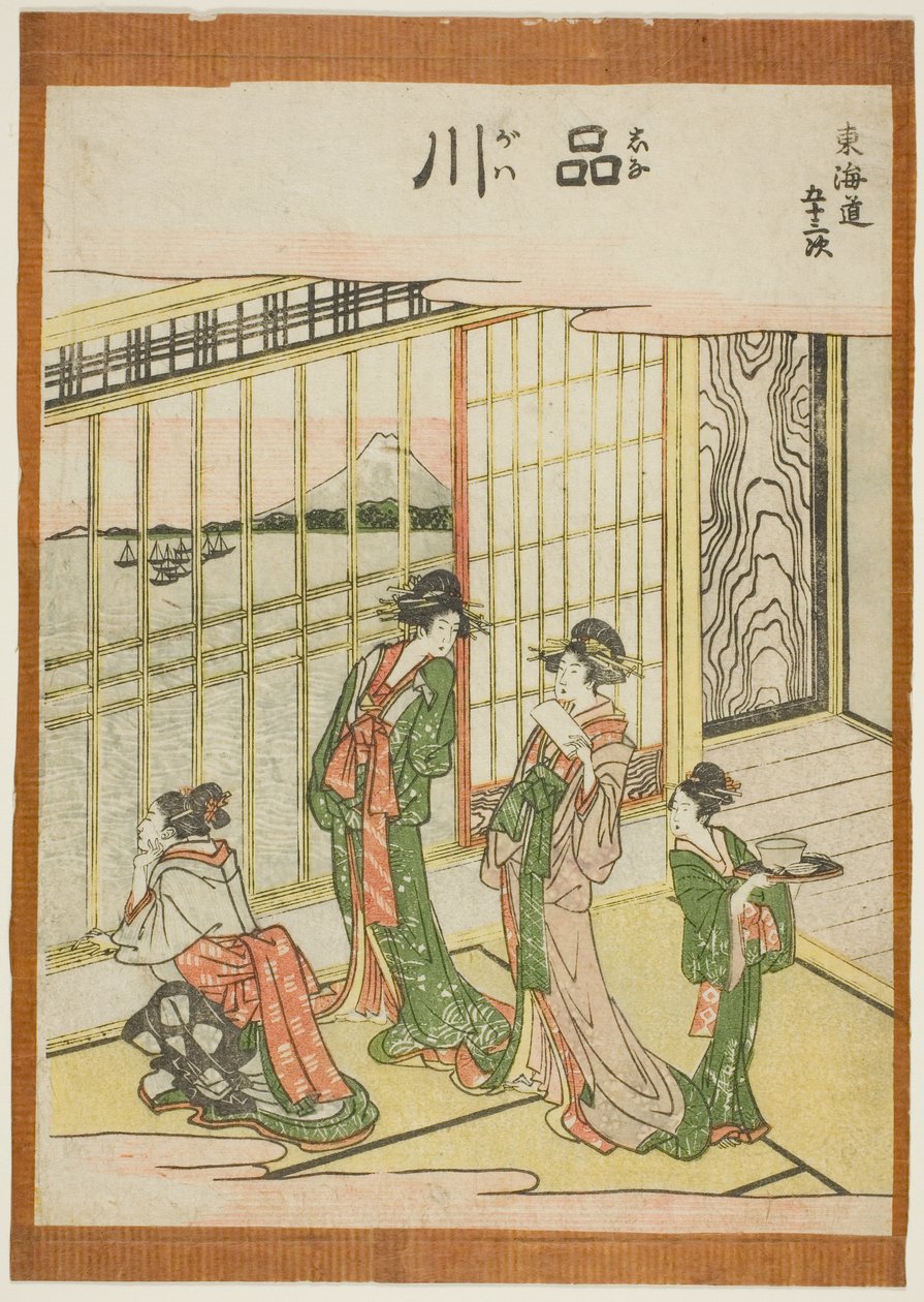 Shinagawa, från seriens "Fifty-three S tachi sound s of the city degree (urban degree main mountain next)" av Katsushika Hokusai