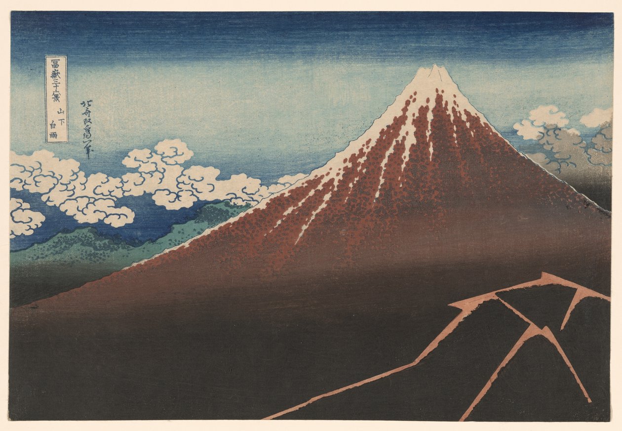 Shower Below the Summit (Sanka hakuu), från serien "Thirty-Six Views of Mount Fuji (Fugaku sanjurokkei)" av Katsushika Hokusai