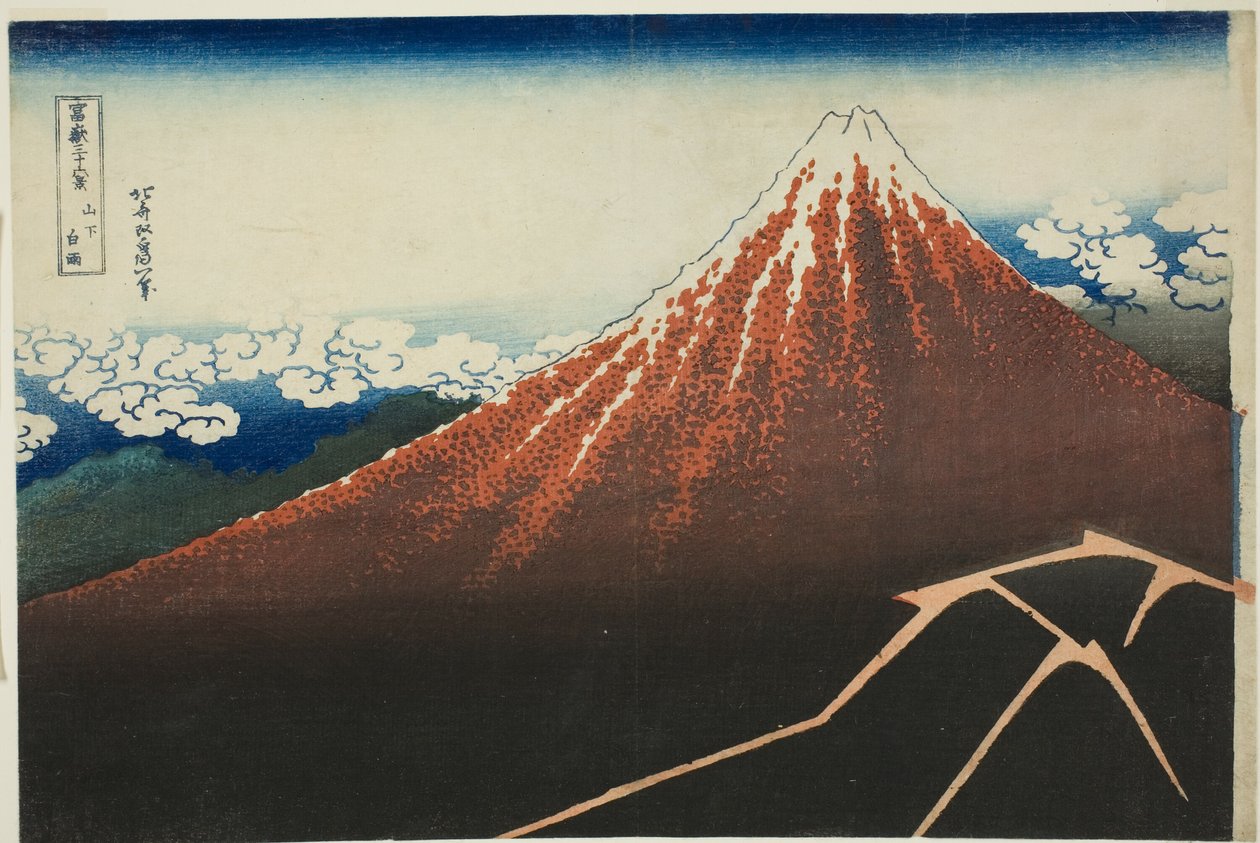 Shower Below the Summit (Sanka hakuu), från serien "Thirty-Six Views of Mount Fuji (Fugaku sanjurokkei)" av Katsushika Hokusai