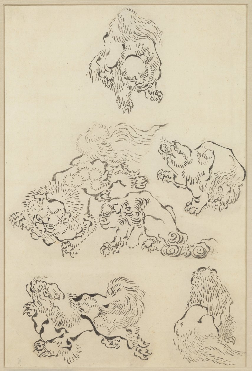 Sex lejon av Katsushika Hokusai