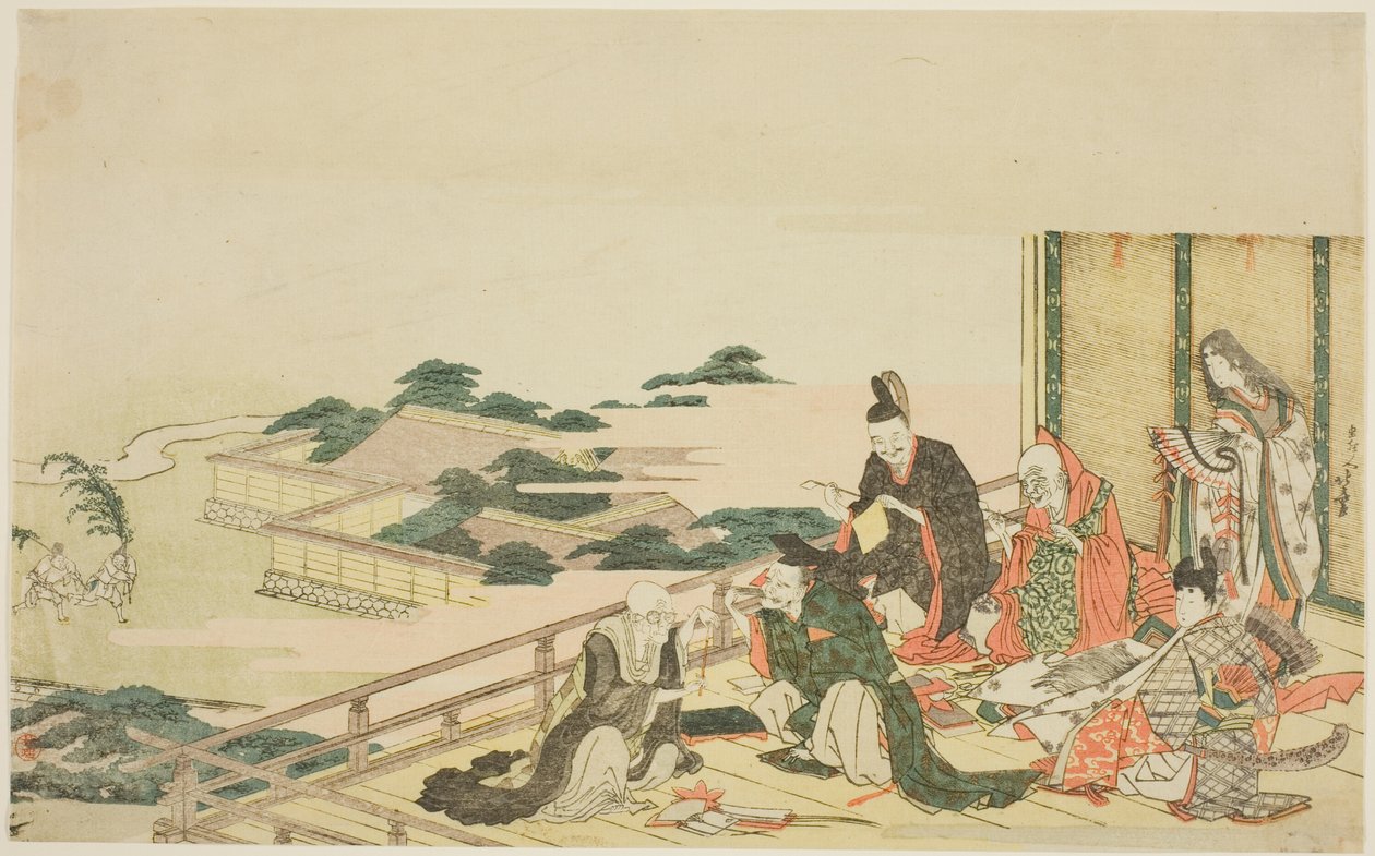Sex odödliga poeter förbereder sig för Tanabata-festivalen av Katsushika Hokusai