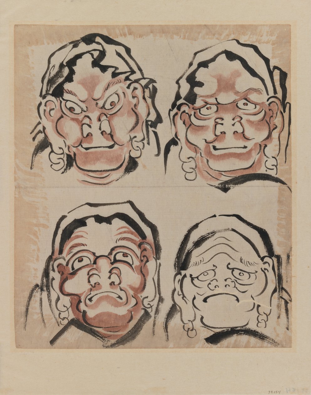 Skiss av fyra ansikten (bläck på papper) av Katsushika Hokusai