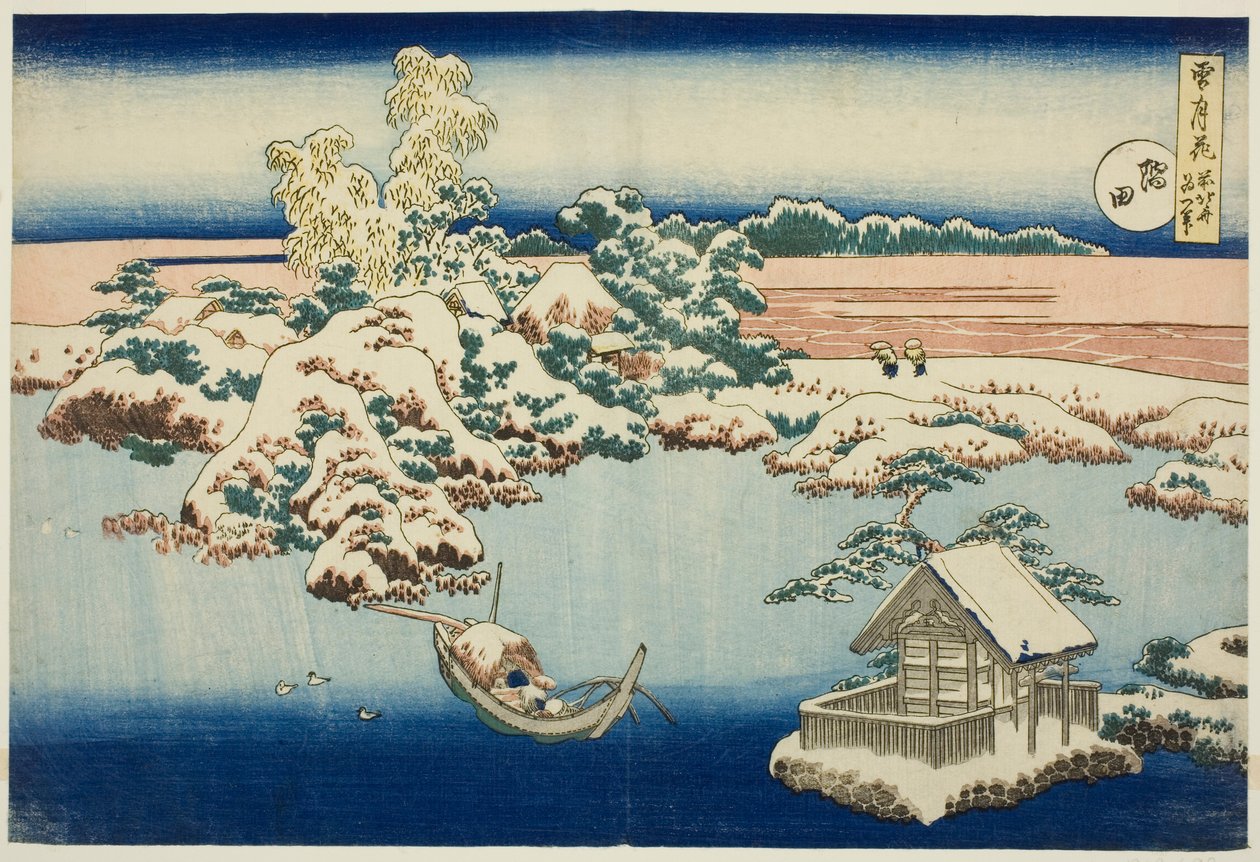 Snö vid Sumida-floden, ur serien ”Snö, måne och blommor” av Katsushika Hokusai