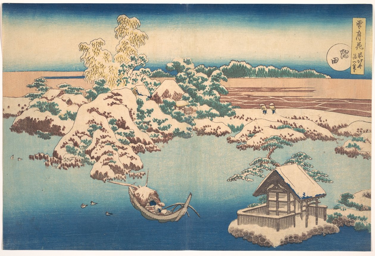 Snow on the Sumida River, från serien Snow, Moon och Flowers, pub.1833 av Katsushika Hokusai