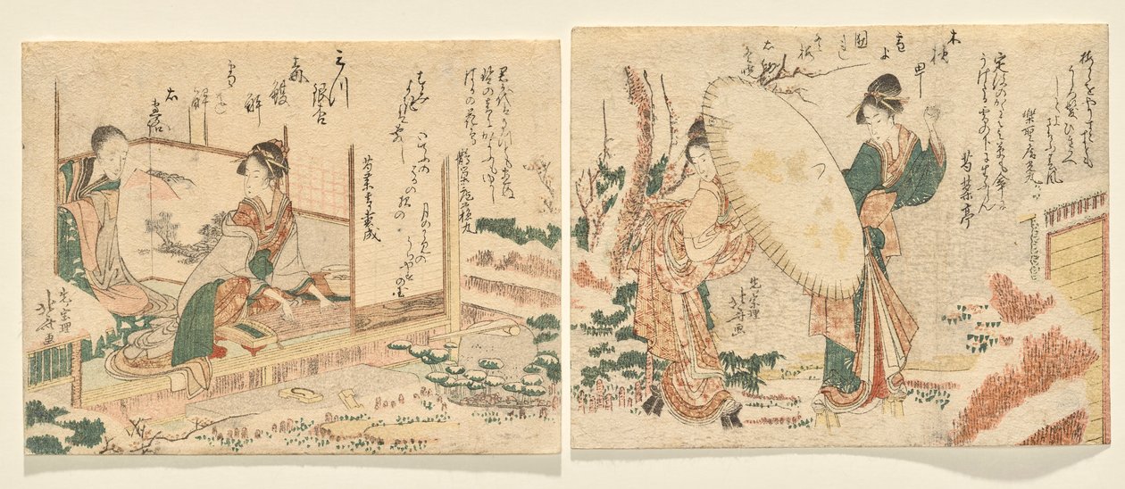 Snöig morgon: Två kvinnor går i en snötäckt trädgård i snögeta med ett paraply; L: Ung kvinna spelar koto och tittar på sin mamma av Katsushika Hokusai