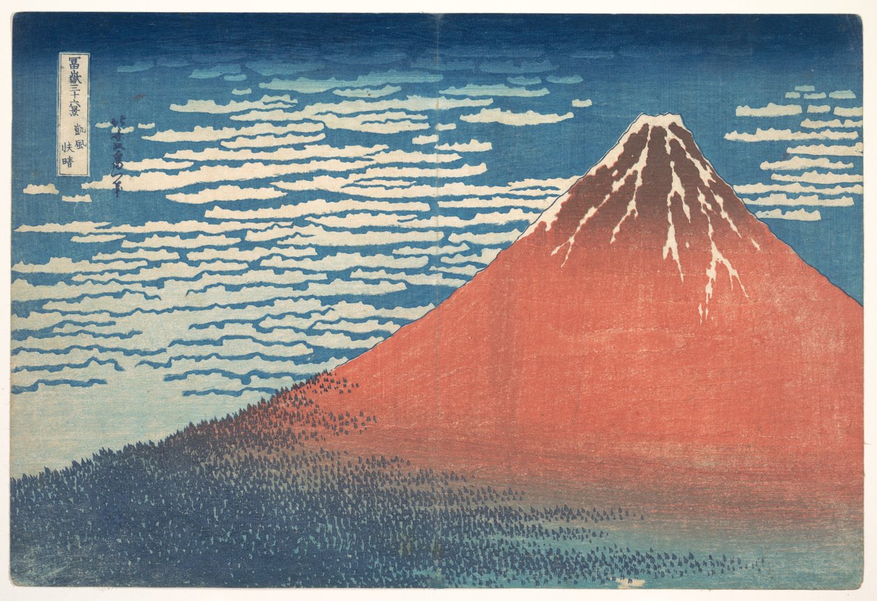 ”Sydvind, klar himmel” (Gaifū kaisei), även känt som ”Röda Fuji”, ur serien ”Trettiosex vyer av berget Fuji” (Fugaku sanjūrokkei) av Katsushika Hokusai