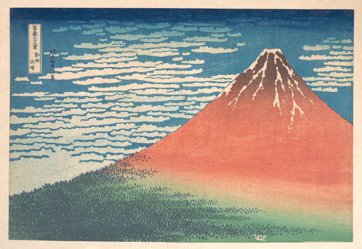 ”Sydvind, klar himmel” (Gaifū kaisei), även känt som ”Röda Fuji”, ur serien ”Trettiosex vyer av berget Fuji” (Fugaku sanjūrokkei) av Katsushika Hokusai