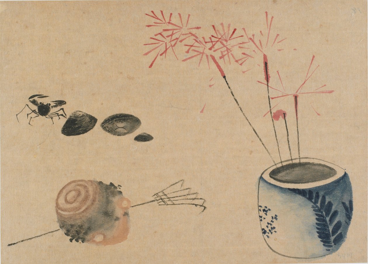 Tomtebloss, krabba och lök, sent 1700-tidigt 1800-tal. av Katsushika Hokusai