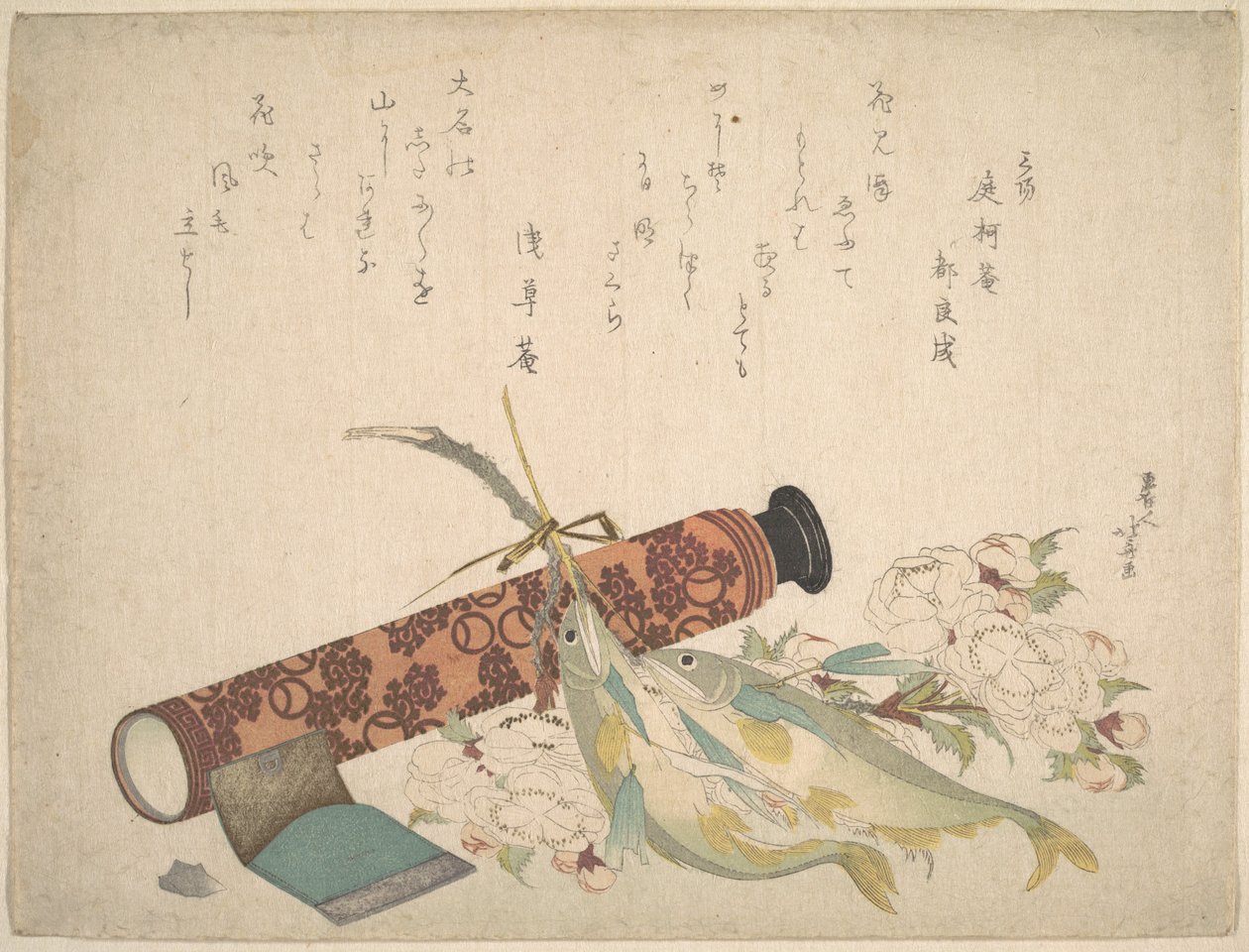 Stilleben: Dubbel körsbärsblomgren, teleskop, sötfisk och pappersnäsduksförpackning av Katsushika Hokusai