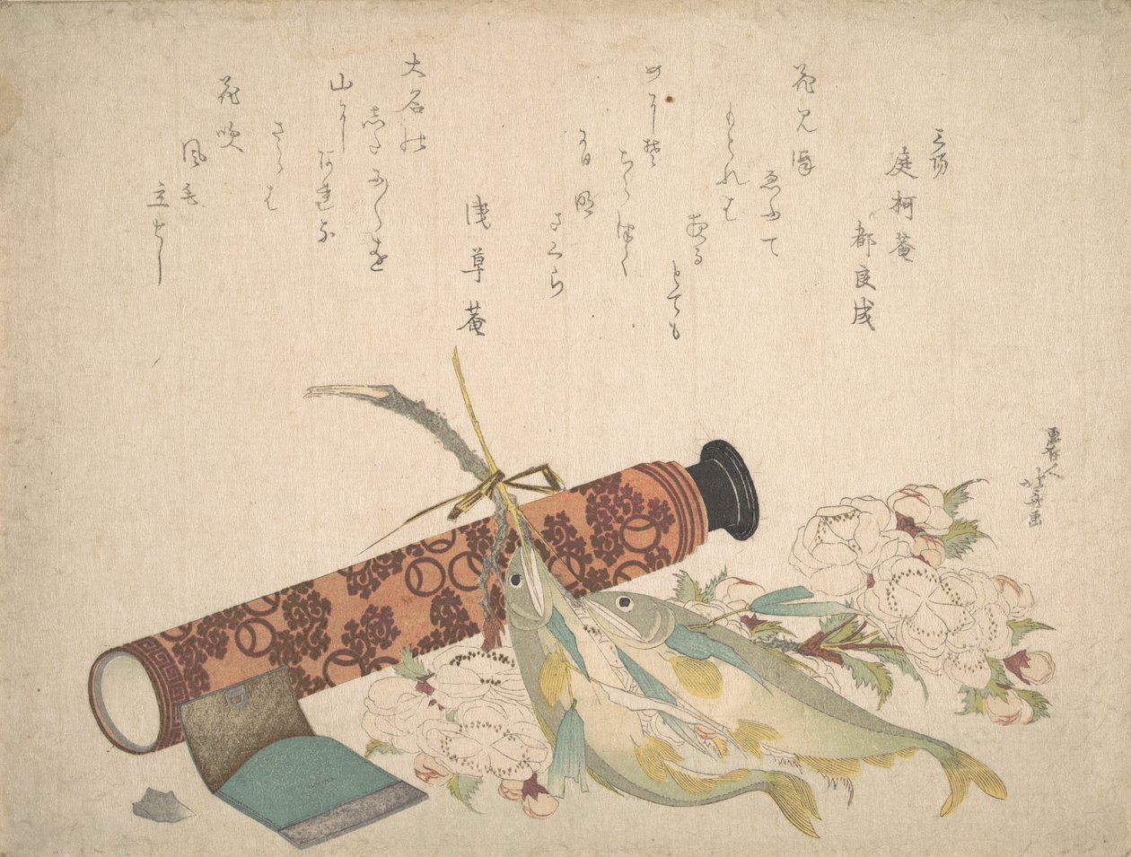 Stilleben: Dubbel körsbärsblommig gren, teleskop, söt fisk och vävnadsfodral, c..., ca. 1804-13. av Katsushika Hokusai