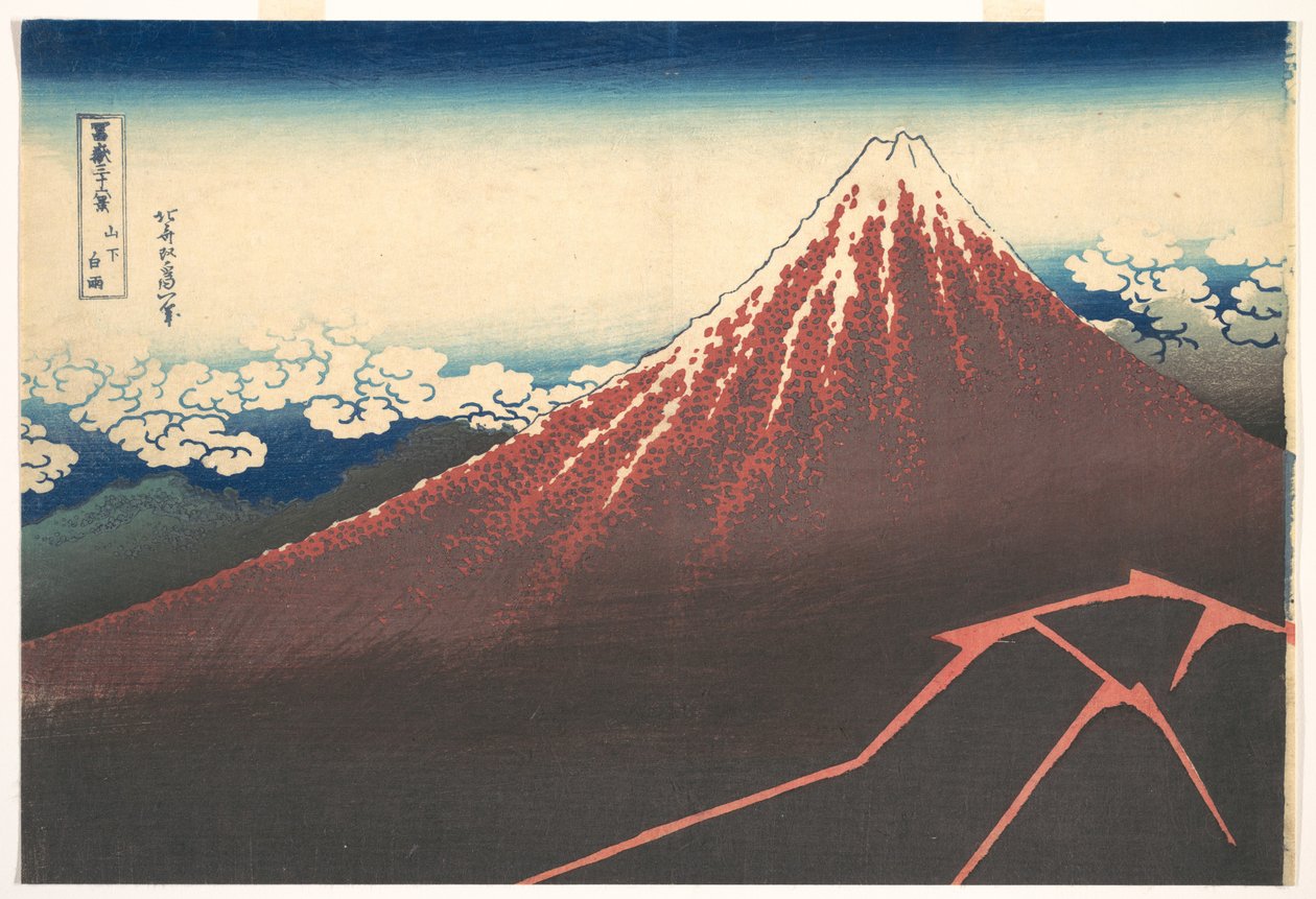 Storm vid foten av berget Fuji (Sanka no haku u), ur serien ”De trettiosex vyerna av berget Fuji” (Fugaku sanjūrokkei) av Katsushika Hokusai