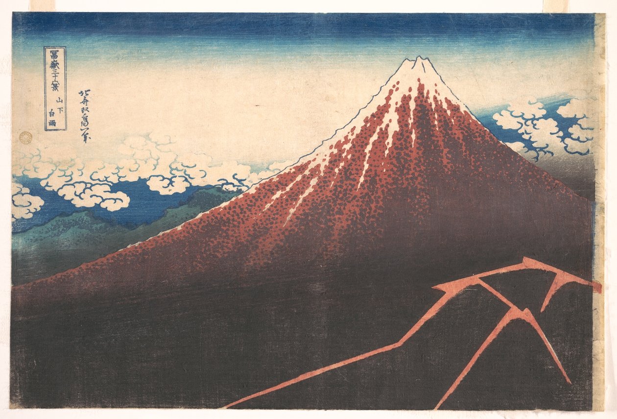 Storm vid foten av berget Fuji (Sanka no haku u), ur serien ”De trettiosex vyerna av berget Fuji” (Fugaku sanjūrokkei) av Katsushika Hokusai