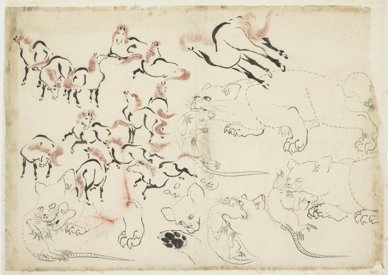 Studier av hästar, katter och råttor (från "Hokusai Manga"), ca 1815-1849 (bläck och färg på papper) av Katsushika Hokusai