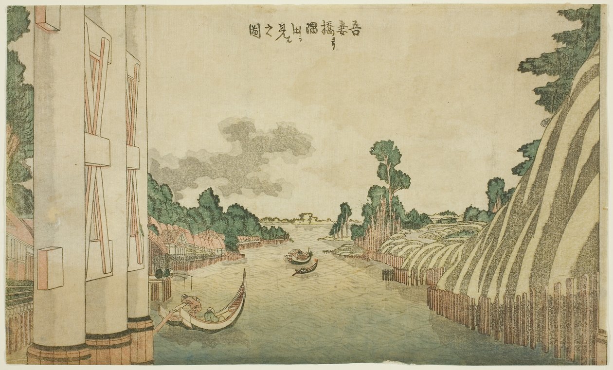 Sumida River sedd från Azuma Bridge (Azumabashi yori Sumida wo miru no zu), från en grupp landskap i västerländsk stil av Katsushika Hokusai