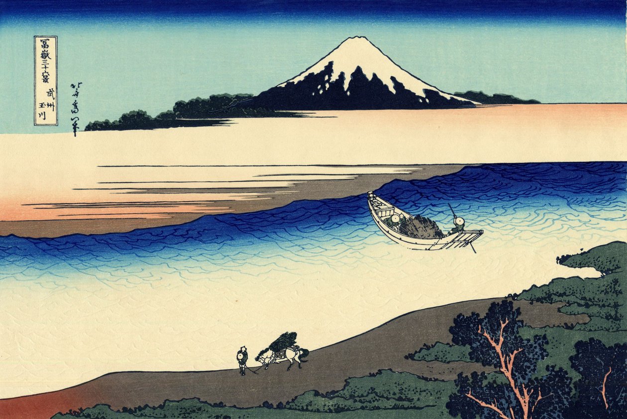 Tama-floden i Musashi-provinsen, ca 1830 (träblockstryck) av Katsushika Hokusai