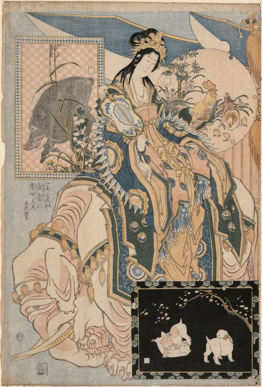 En dam från Tang-dynastin på en vit elefant, ur serien ”Jätteverk av halm för en nöjesparkattraktion” av Katsushika Hokusai
