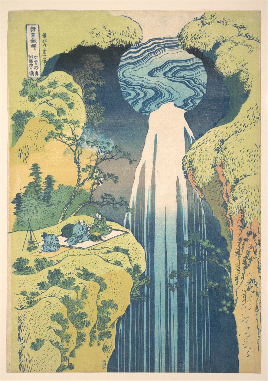 Amida-fallen i Kisokaidō-vägens yttersta utkanter (Kisoji no oku Amida-ga-taki), ur serien ”En rundtur bland vattenfall i olika provinser” (Shokoku taki meguri) av Katsushika Hokusai