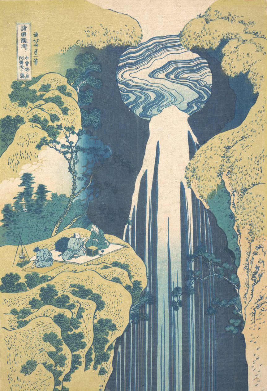 te amida fars medlem tehwa r når basöppningen nedre d baksidan av Kisoji stickning dargar vattenfall. . . , mygga. 1827. av Katsushika Hokusai