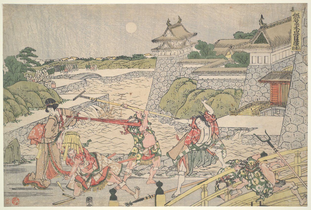De 47 lojala rōninernas förbund (Chūshingura),  Akt III: Kampei attackeras av Bannai och hans män av Katsushika Hokusai