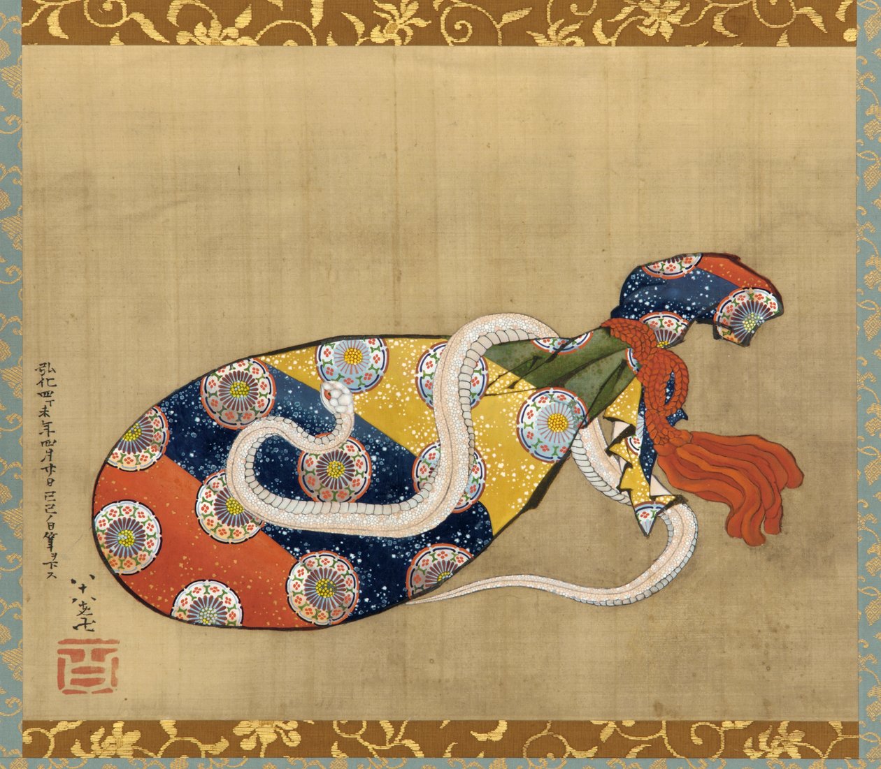 Lut och vit orm av Benten, Edo-perioden, 1847 (bläck och färg på silke) av Katsushika Hokusai