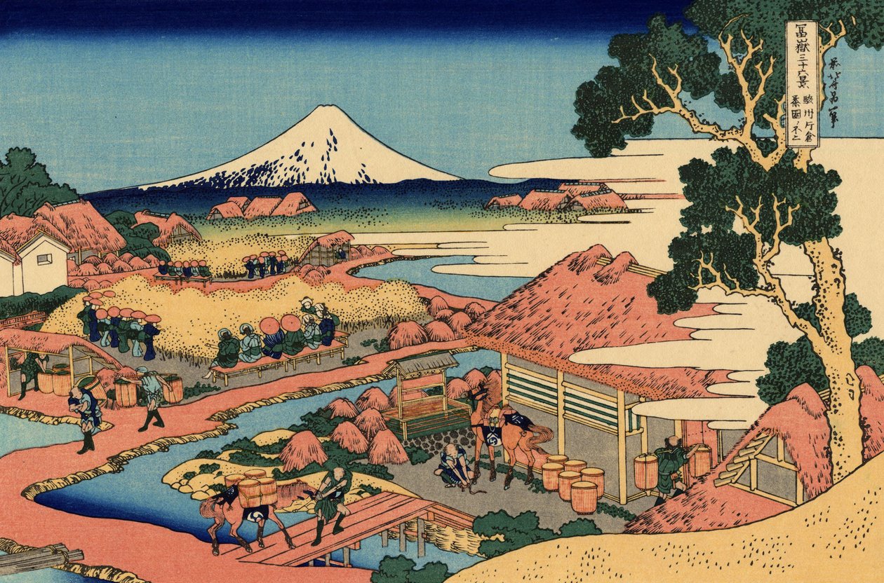 Teplantagen i Katakura i Suruga-provinsen, ca 1830 (träblockstryck) av Katsushika Hokusai