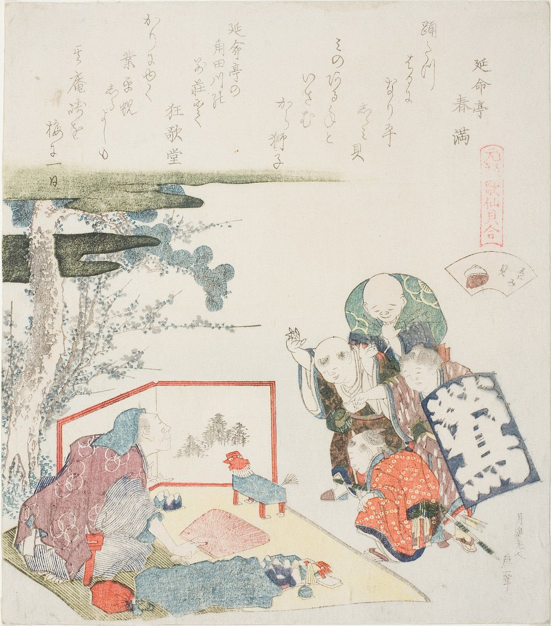 The Toy Seller, illustration för The Fresh-Water Clam (Shijimigai), från serien "A Matching Game with Genroku-period Poem Shells (Genroku kasen kai awase)" av Katsushika Hokusai