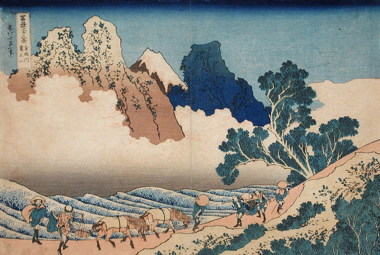 Fujis baksida från Minobufloden, ca 1830 (träsnitt) av Katsushika Hokusai