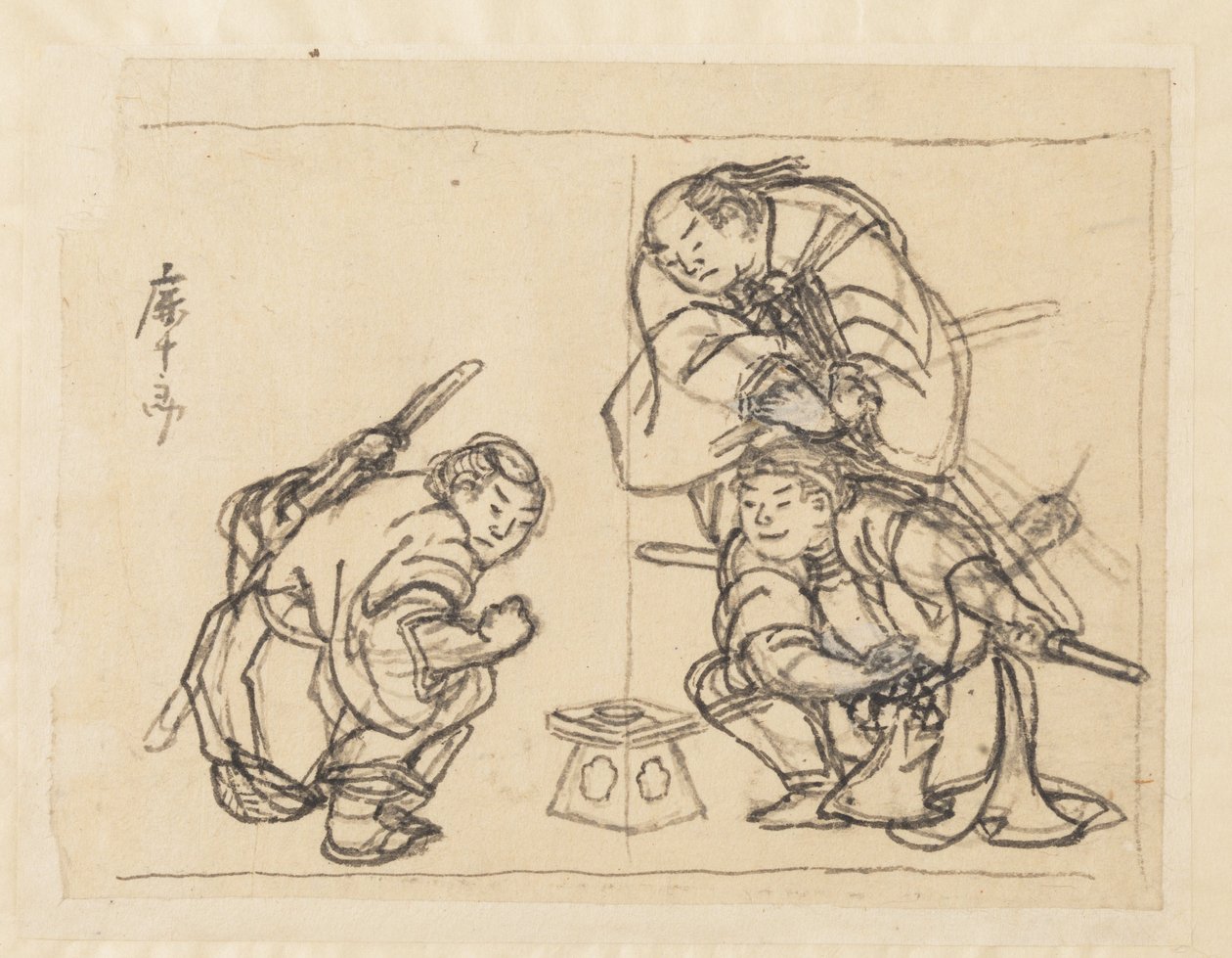 Tre män med en bricka av Katsushika Hokusai
