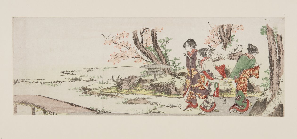Tre kvinnor som tittar på körsbärsblom (träblock i färg) av Katsushika Hokusai