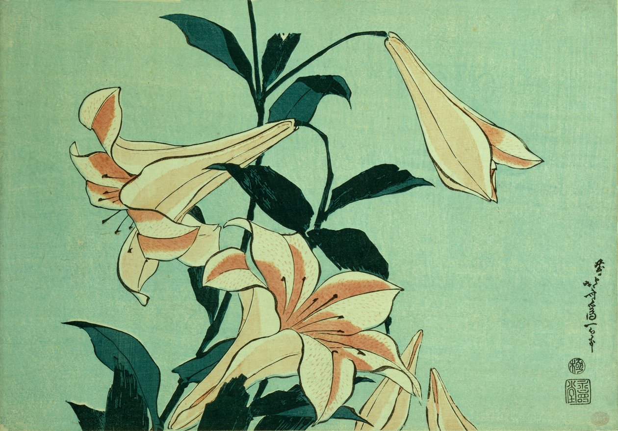 Trumpetliljor (trätryck i färg) av Katsushika Hokusai
