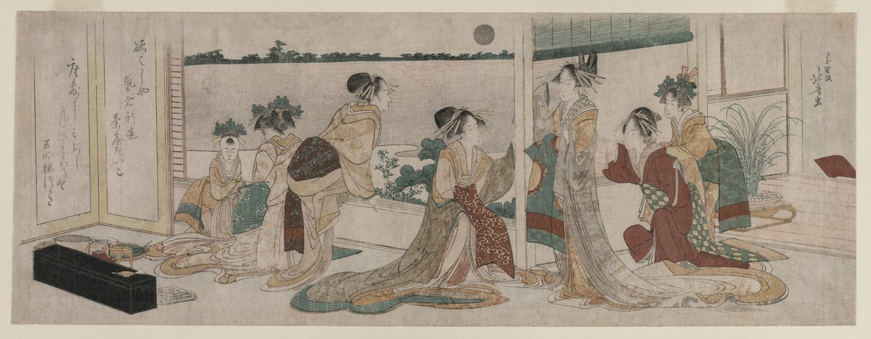 Tsukasa och andra kurtisaner från Ogiya som ser höstmånen stiga upp över risfält från en balkong i Yoshiwara av Katsushika Hokusai