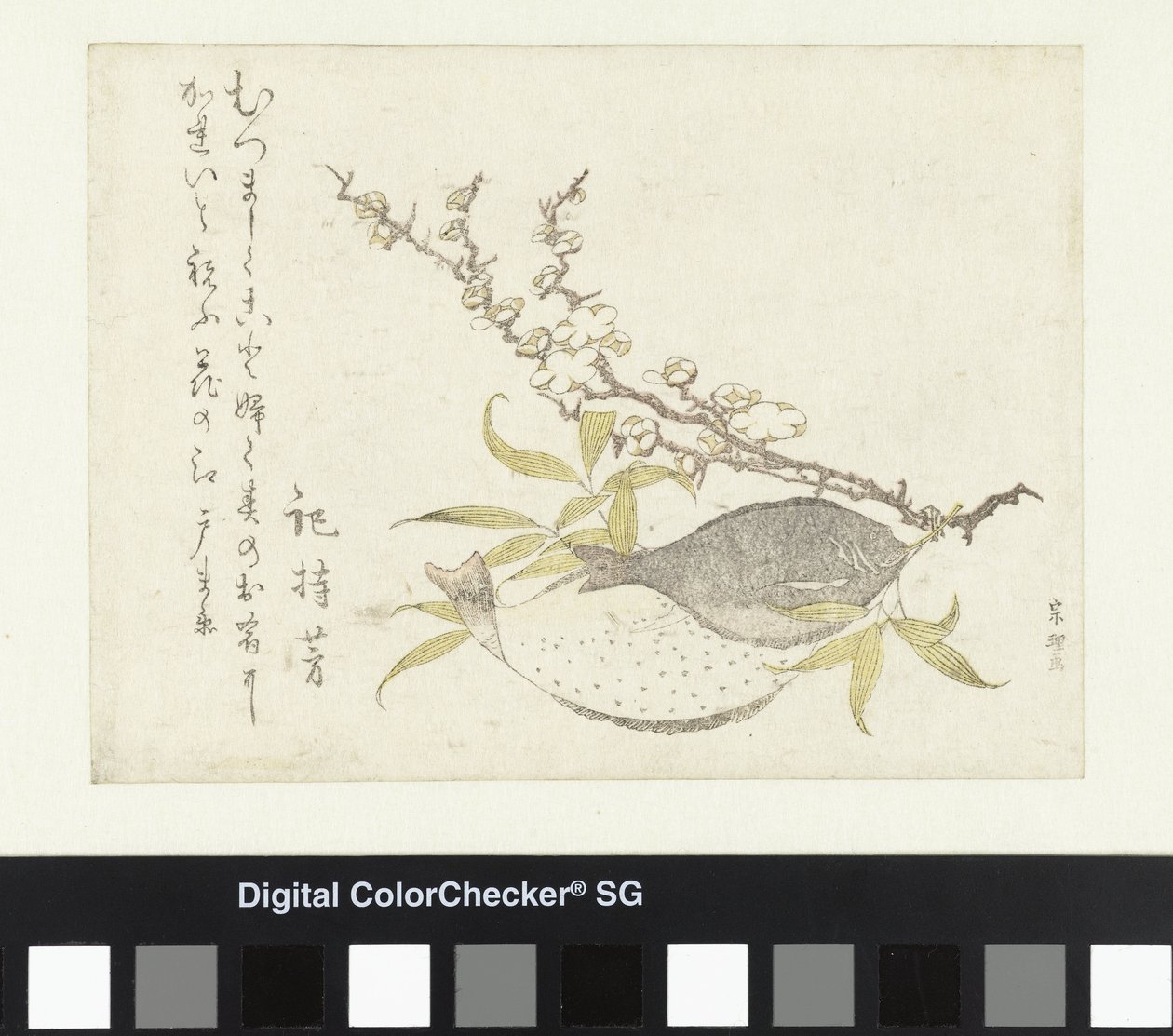 Två plattfiskar och plommon av Katsushika Hokusai