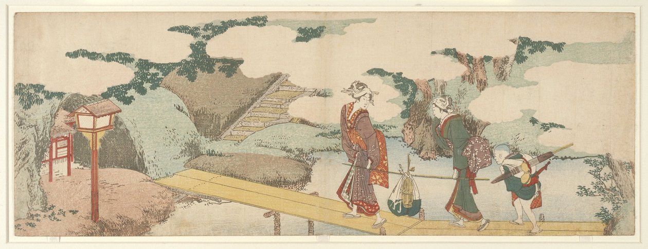 Två kvinnor och en pojke på strandpromenaden av Katsushika Hokusai
