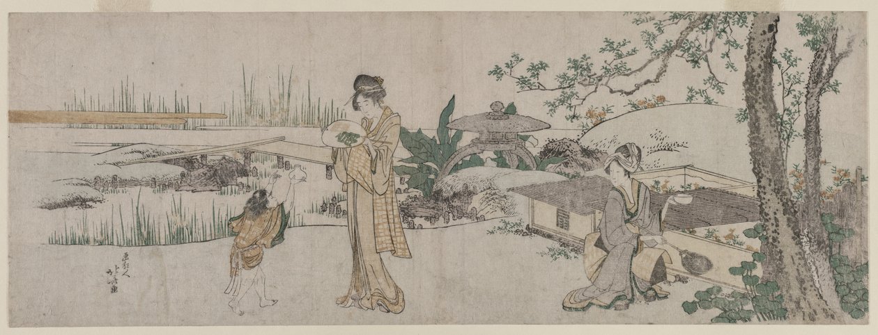 Två kvinnor och ett barn bredvid en guldfisktank av Katsushika Hokusai