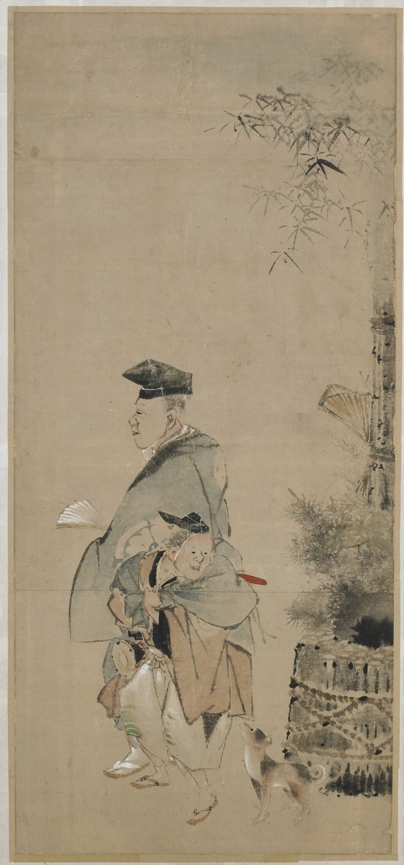 Två underhållare som promenerar på det nya året, Edo-perioden, ca 1830-32 (bläck och färg på papper) av Katsushika Hokusai