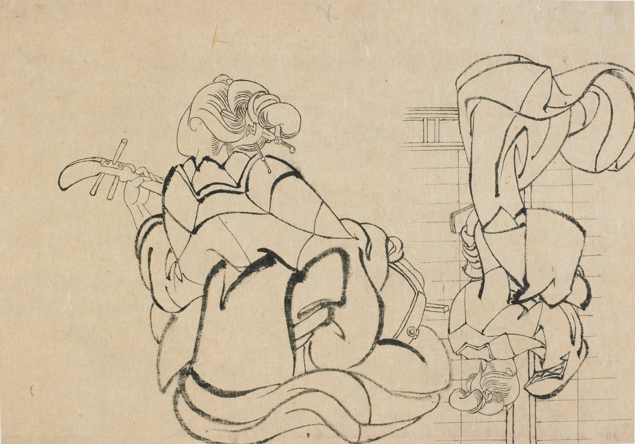 Två skisser: dam som spelar samisen och dam med rygg till observatör..., sent 1700-tidigt 1800-tal. av Katsushika Hokusai
