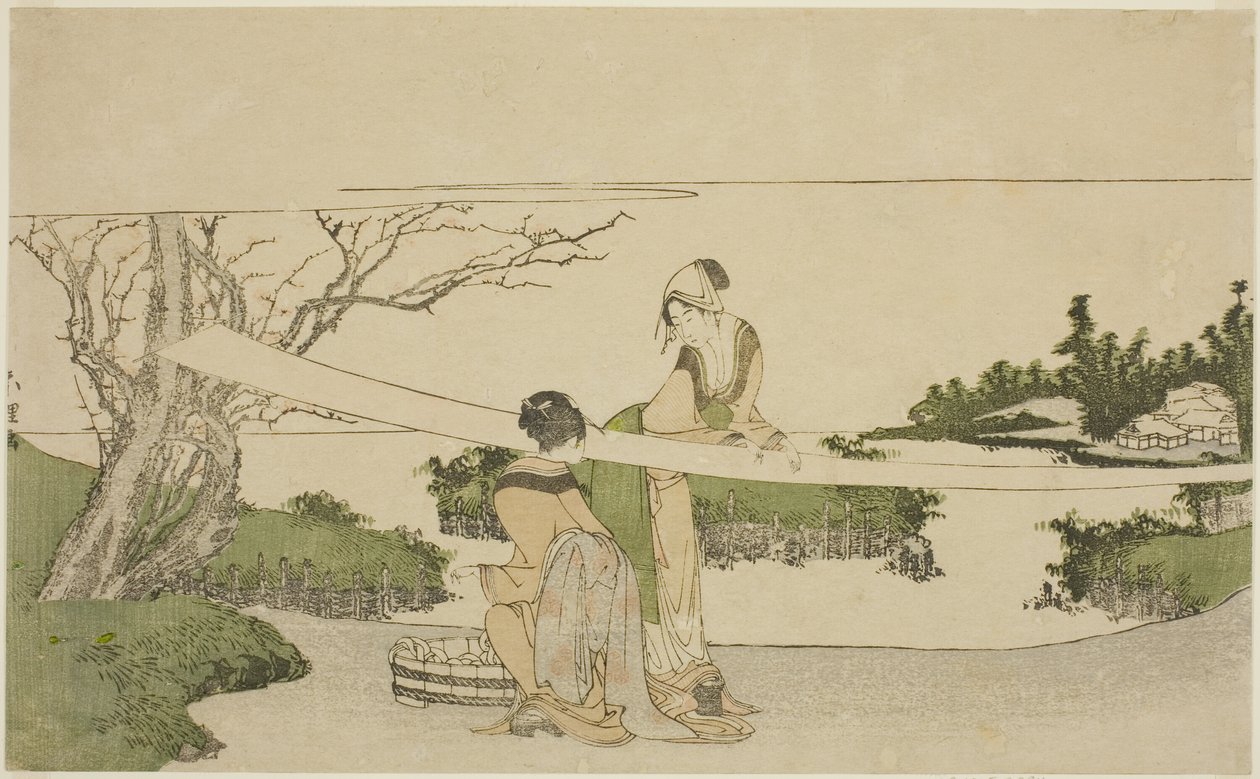 Två kvinnor sträcker tyg av Katsushika Hokusai