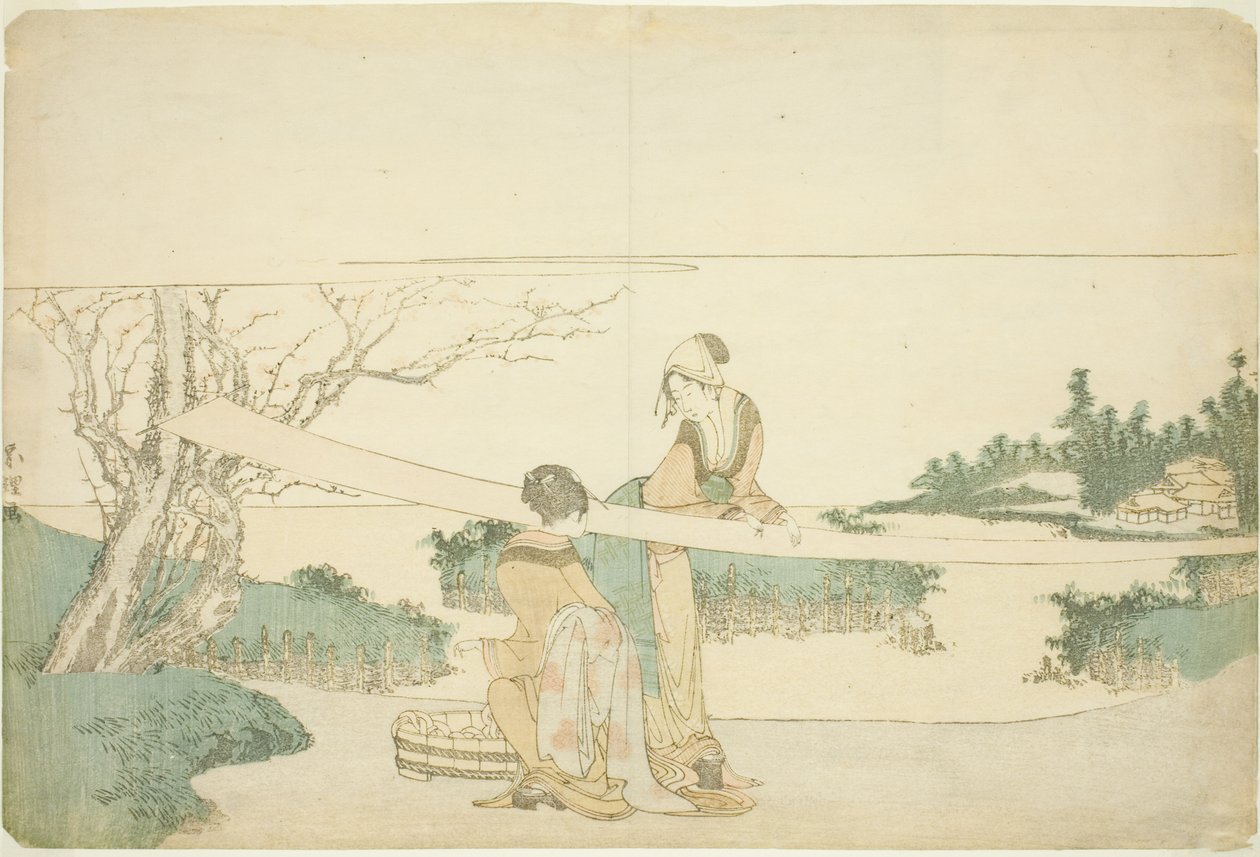 Två kvinnor sträcker tyg av Katsushika Hokusai