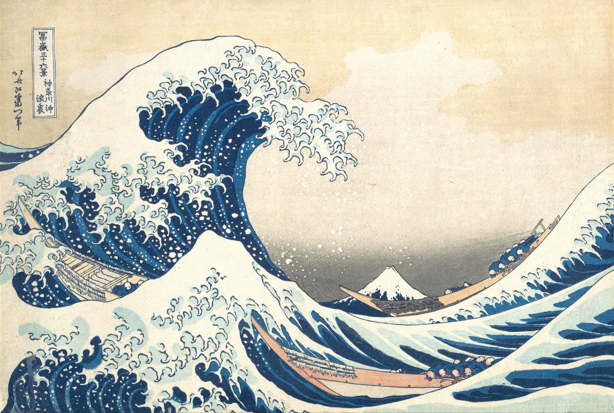 ”Under vågen utanför Kanagawa” (Kanagawa oki nami ura), även känd som ”Den stora vågen”, ur serien ”Trettiosex vyer av berget Fuji” (Fugaku sanjūrokkei) av Katsushika Hokusai