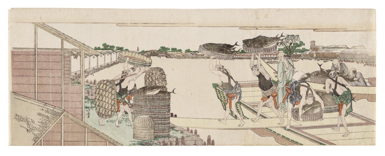 Lossning av bonito inför försäljning av Katsushika Hokusai