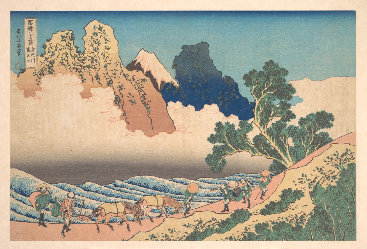 Utsikt över Fuji från andra sidan, sett från Minobu-floden (Minobugawa ura Fuji), ur serien ”Trettiosex vyer av berget Fuji” (Fugaku sanjūrokkei) av Katsushika Hokusai