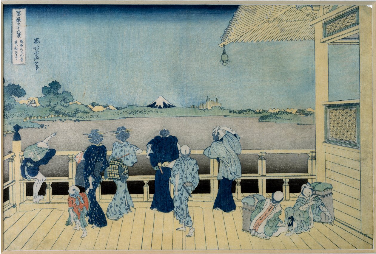 Vy över berget Fuji i Japan som beundrar berget Fuji från ett hus på pålar. Serie "" The 36 views of Mount Fuji"" Japanskt tryck av Katsushika Hokusai (1760-1849) 1829-1833 Sön. 36,9x24,8 cm Privat samling av Katsushika Hokusai