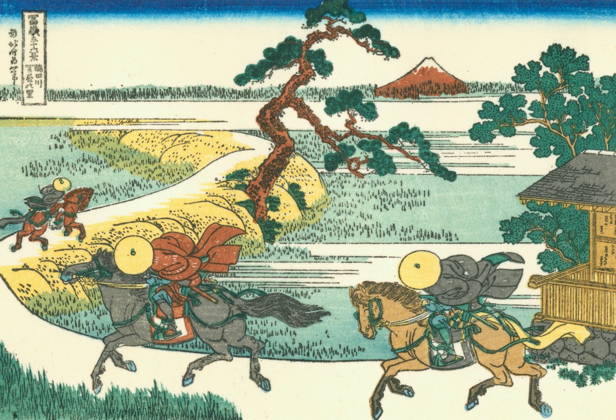 Byn Sekiya vid floden Sumida, ca 1830 (träblockstryck) av Katsushika Hokusai