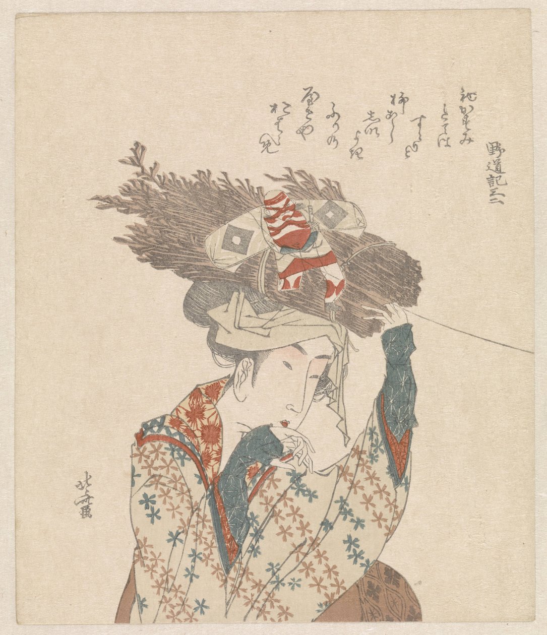 Kvinna med bunt av kvistar och drake av Katsushika Hokusai