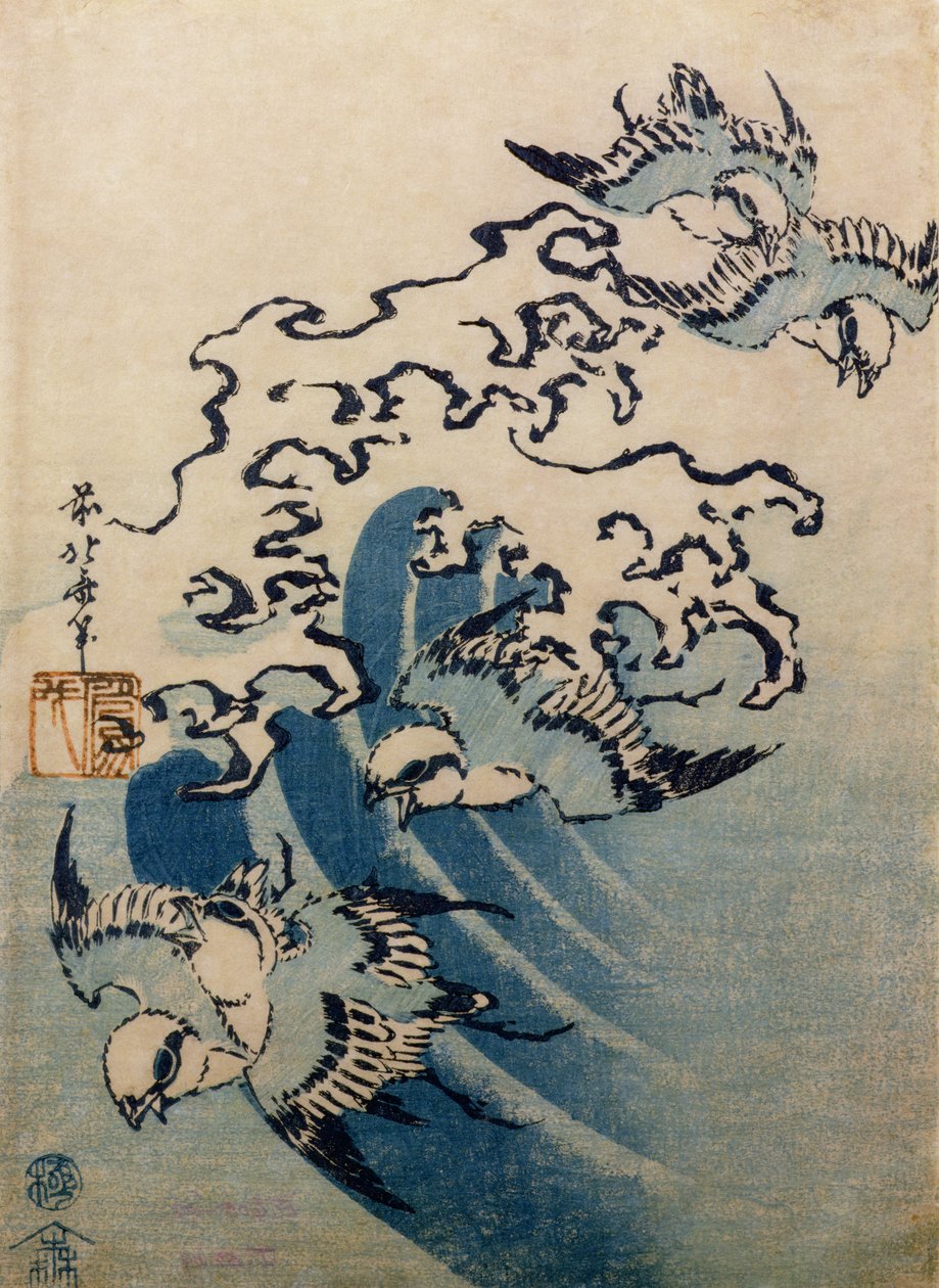 Waves and Birds, ca 1825 (trätryck i färg) av Katsushika Hokusai