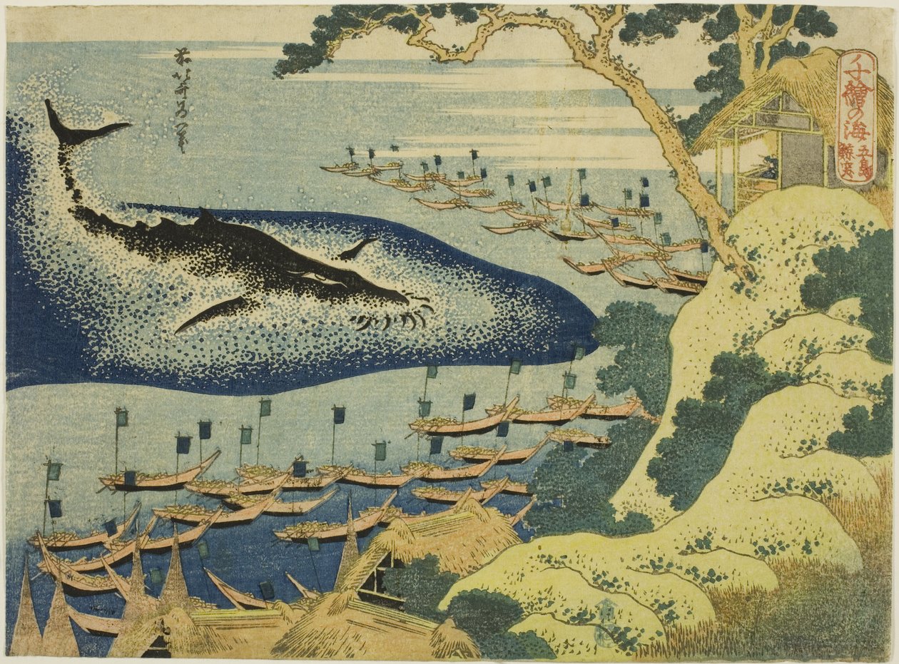 Valfångst utanför Gotoöarnas kust (Goto kujira tsuki), från serien "One Thousand Pictures of the Ocean (Chie no umi)" av Katsushika Hokusai