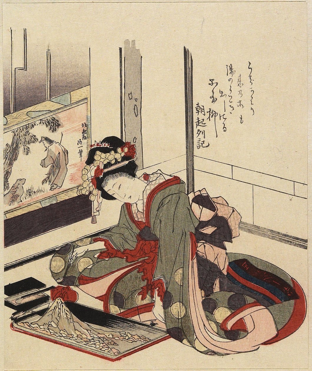 Kvinna som arrangerar Bonkei, 1820-1834 av Katsushika Hokusai