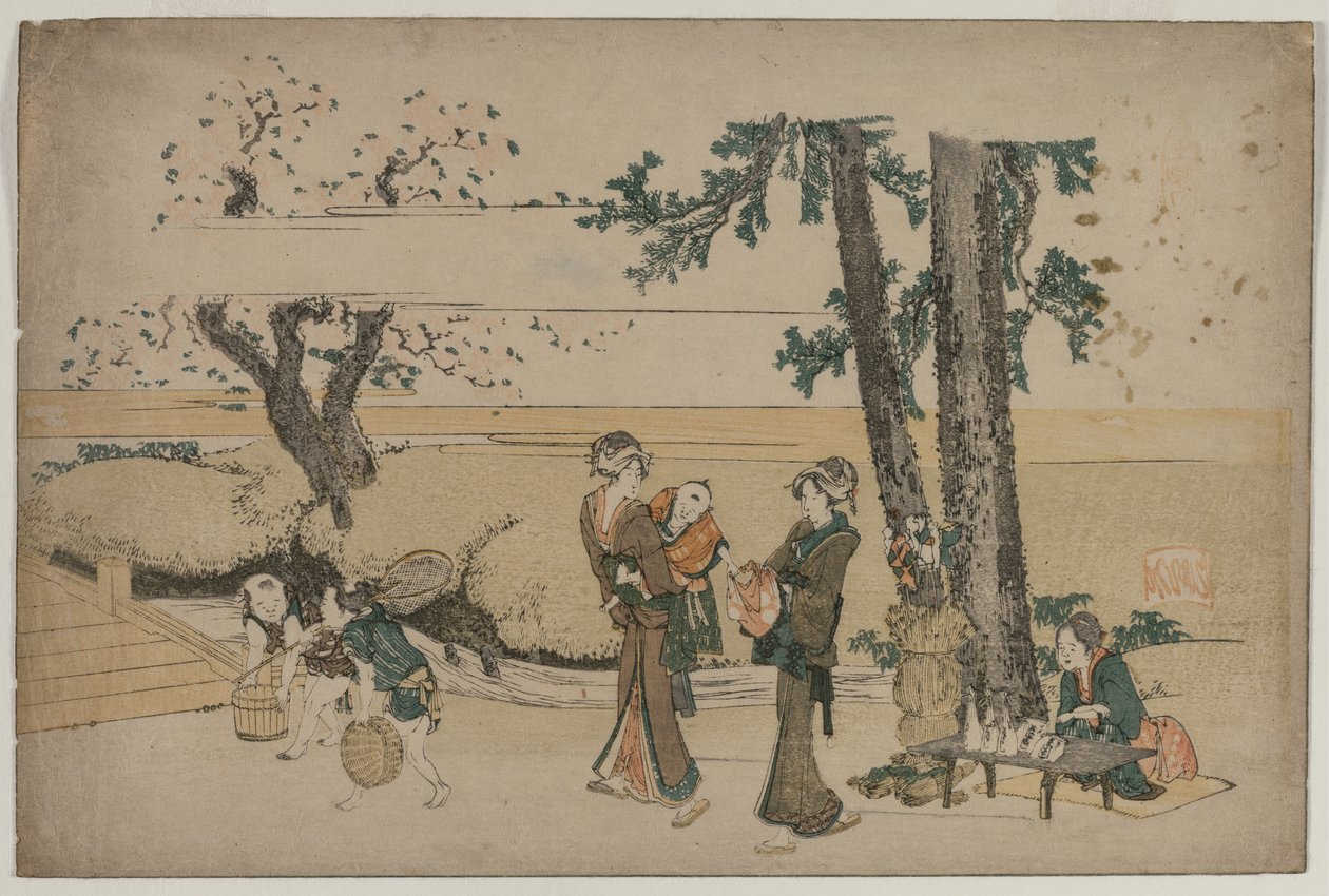 Kvinna som passerar en vägkantsbutik nära Oji av Katsushika Hokusai